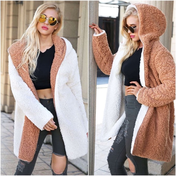 Jackets & Blazers - camel white teddy hoodie open front coat jacket